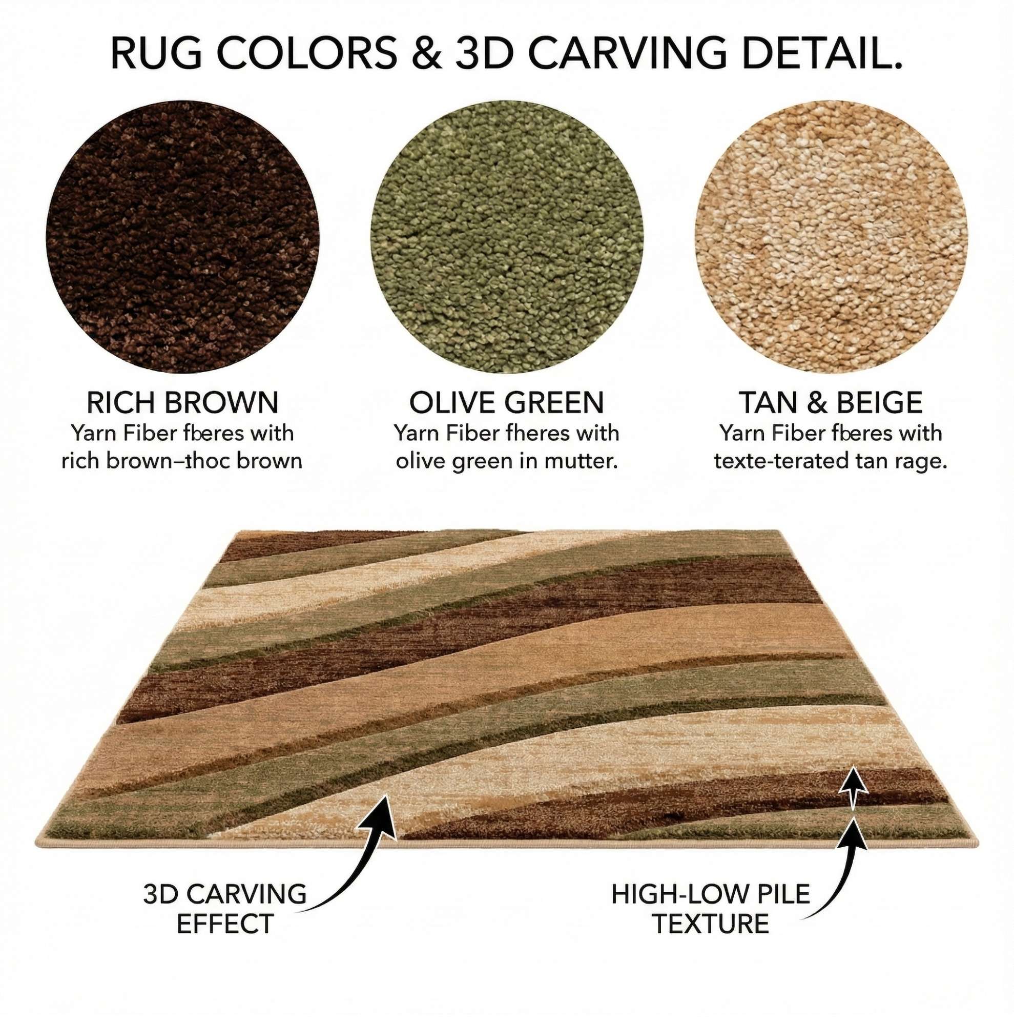 GV-121 - Rug color swatches and design details with text labels on a white background (tan & beige, olive green, rich brown)