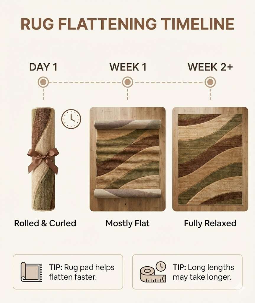 GV-121 - Diagram showing the rug flattening timeline with stages labeled 'Rolled & Curled', 'Mostly Flat', and 'Fully Relaxed'.