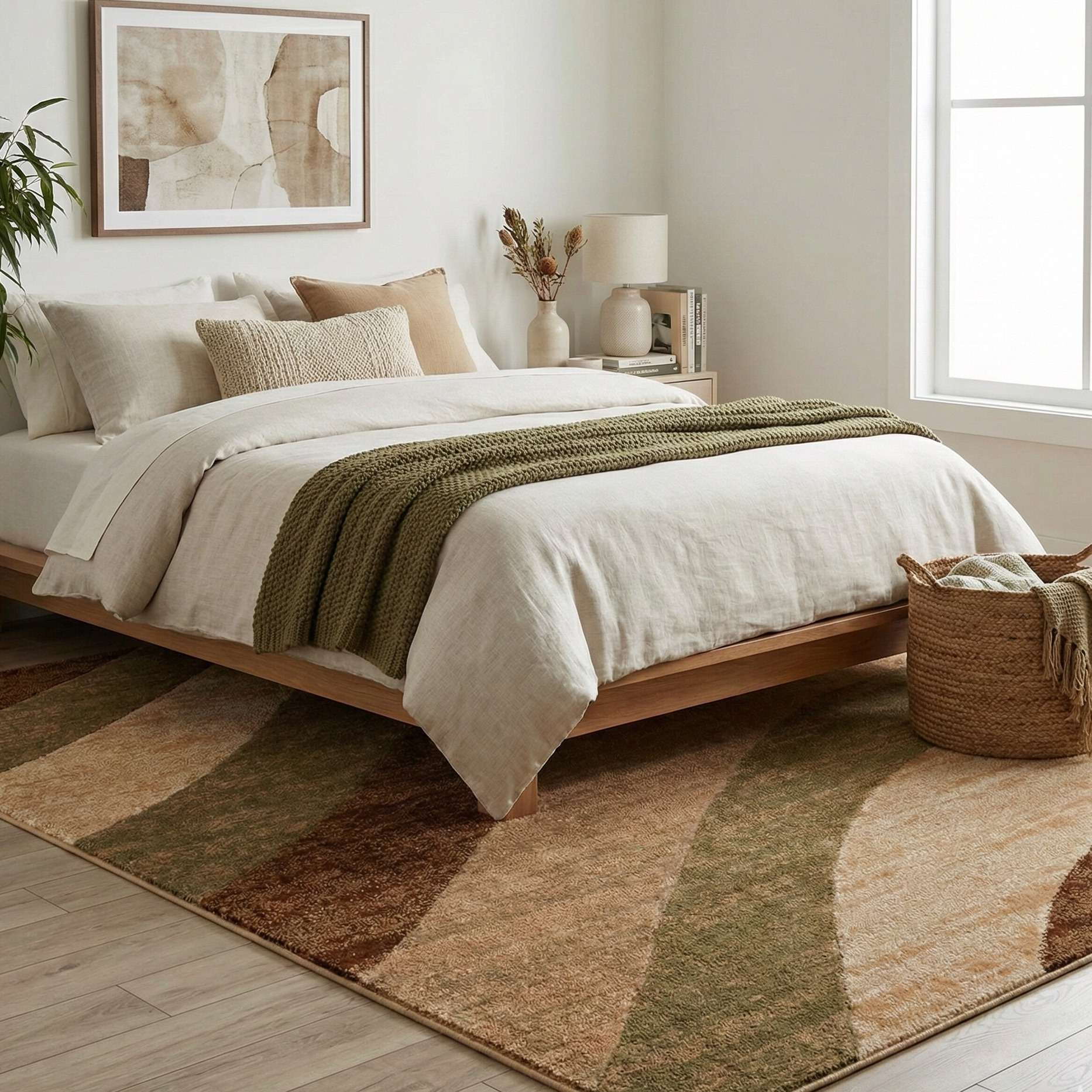 GV-121 - Neatly made bed with white bedding and a green throw blanket in a bedroom setting. A brown and green rug anchors the room