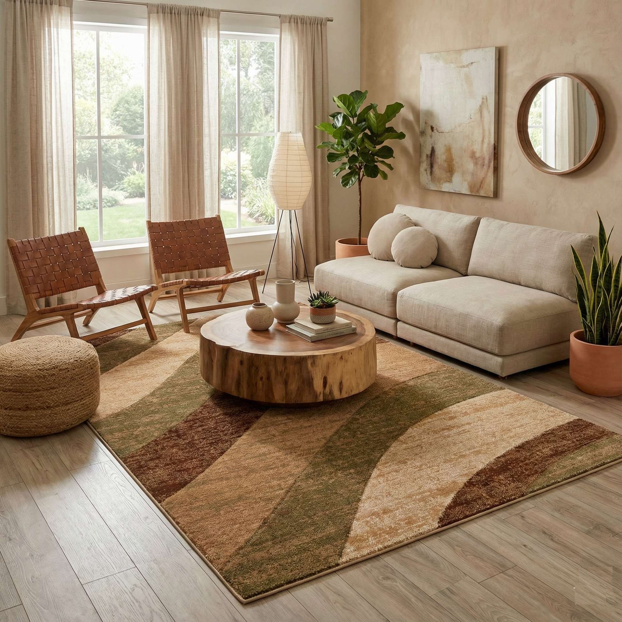 GV-121 - Living room with beige sofa, wooden coffee table, and geometric rug with waves.