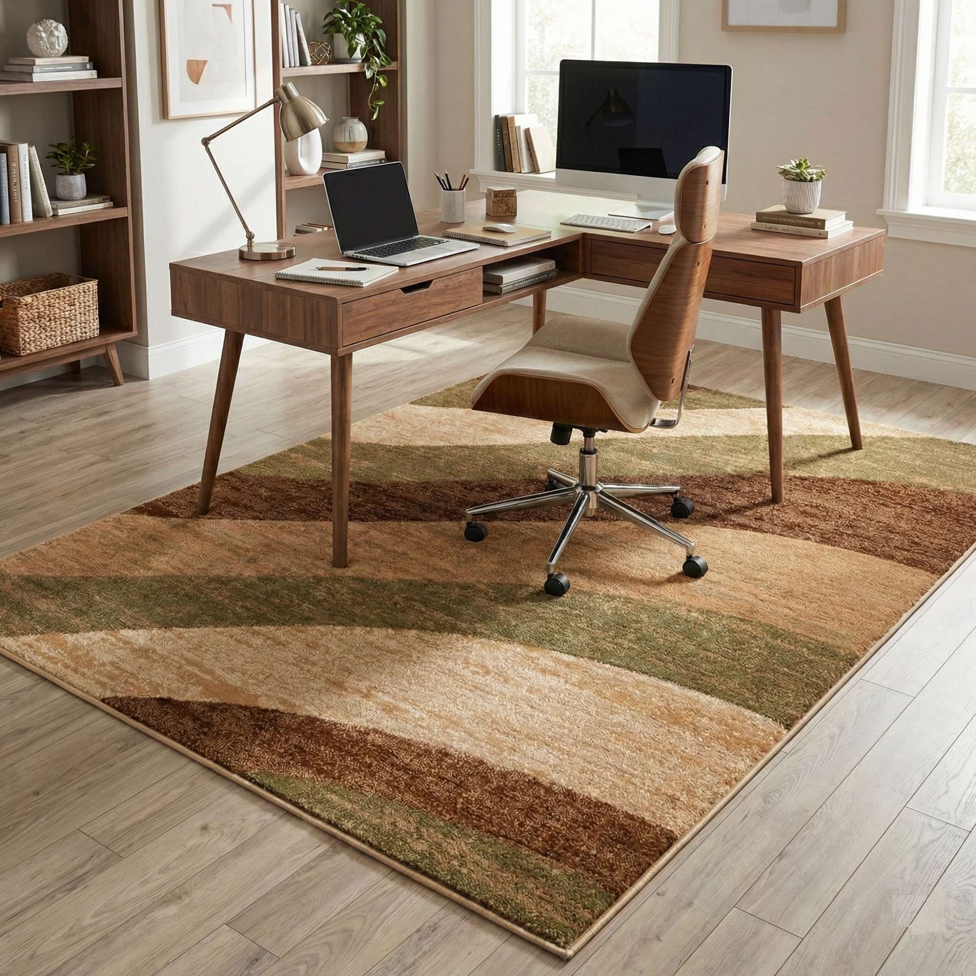 GV-121 - Home office with wooden desk, chair, and laptop on a brown and green patterned rug.