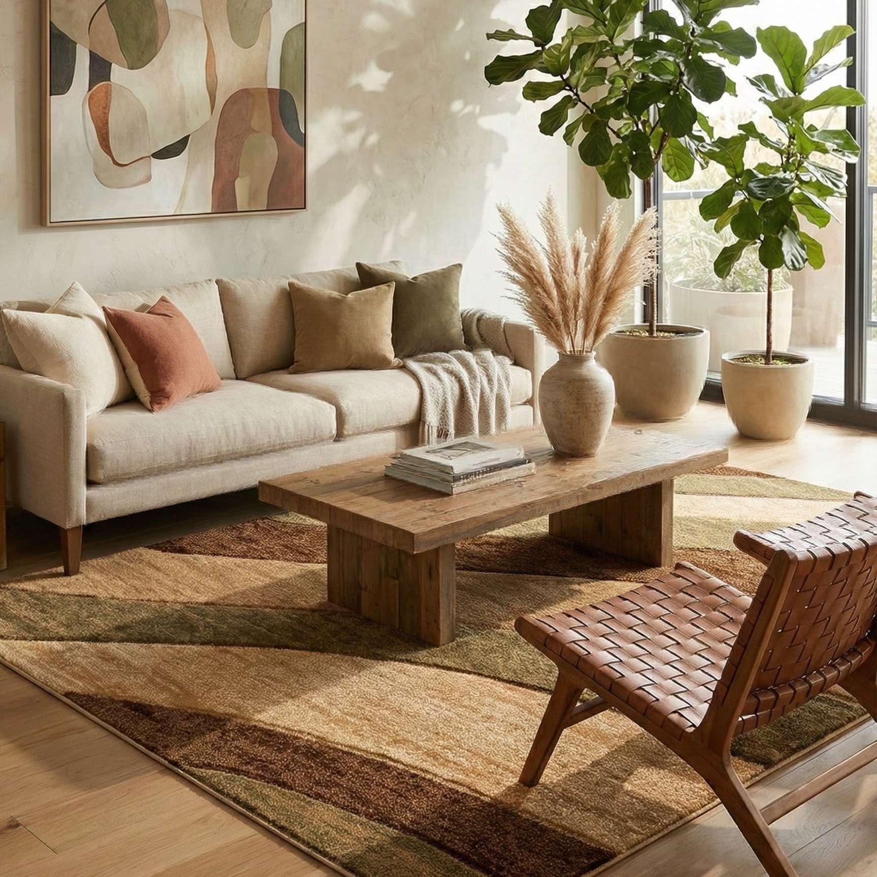 GV-121 - Cozy living room with a beige sofa, wooden coffee table, and decorative plants. A brown and green geometric living room rug anchors the space
