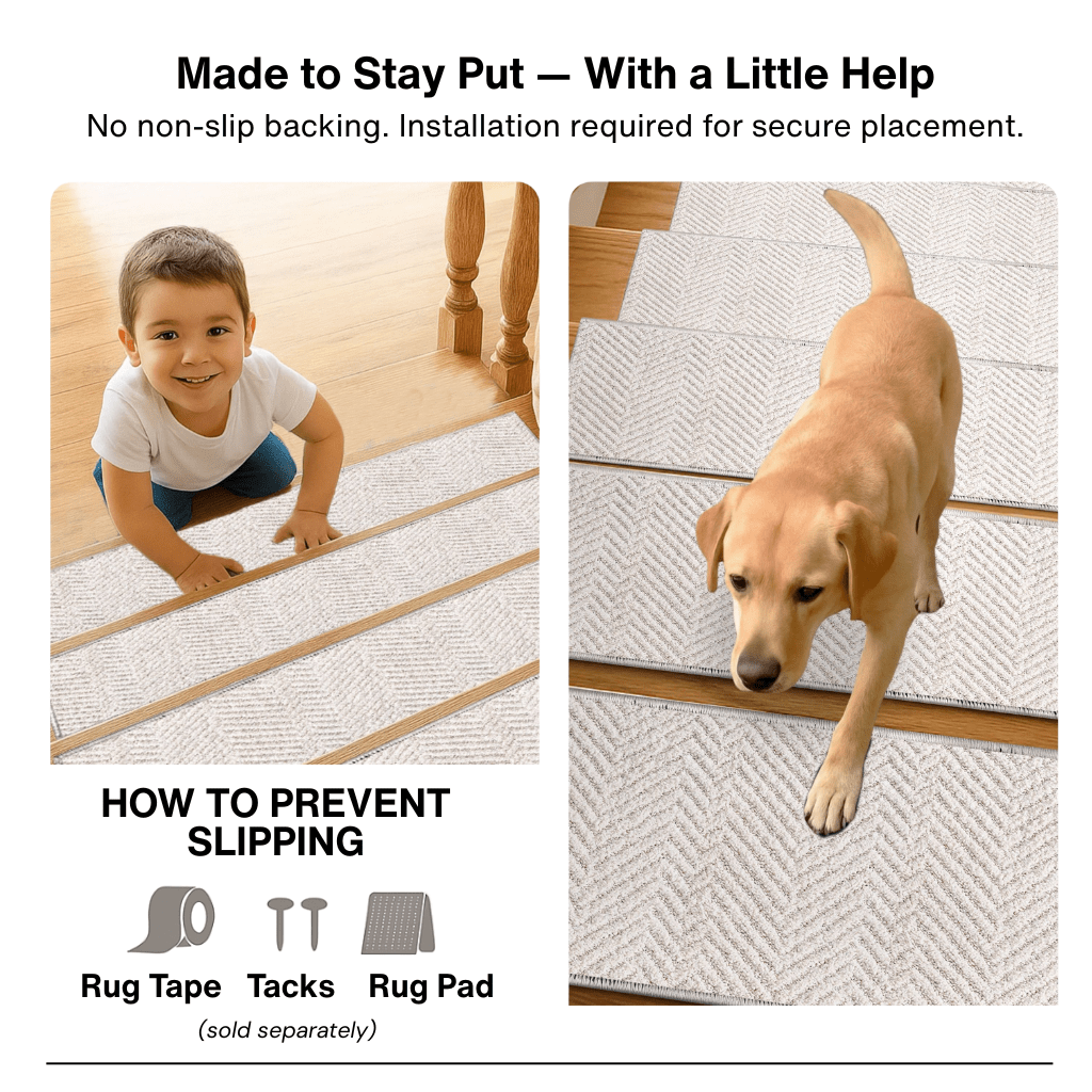 Ivory stair tread rugs with text about no non-slip backing and installation, showing a child and dog on the rugs.