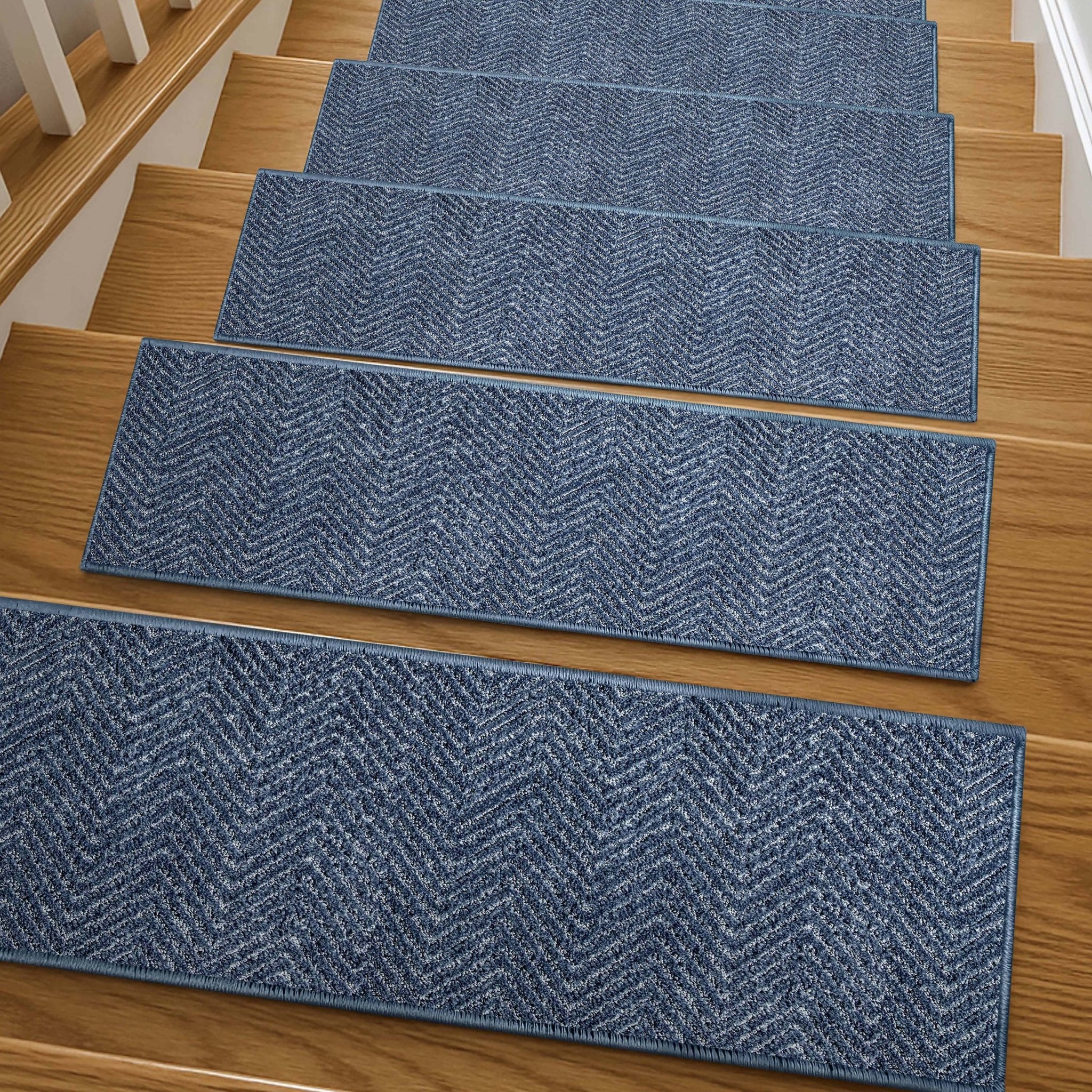 Pompeii Blue Stair Tread Rugs - Well Woven - Pompeii Blue Stair Tread Rugs on wooden steps