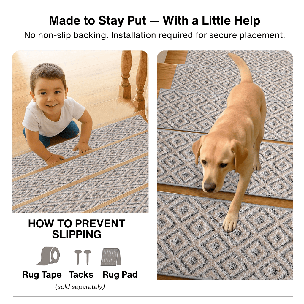 Grey and beige stair tread rugs with text about no non-slip backing and installation, showing a child and dog on the rugs.