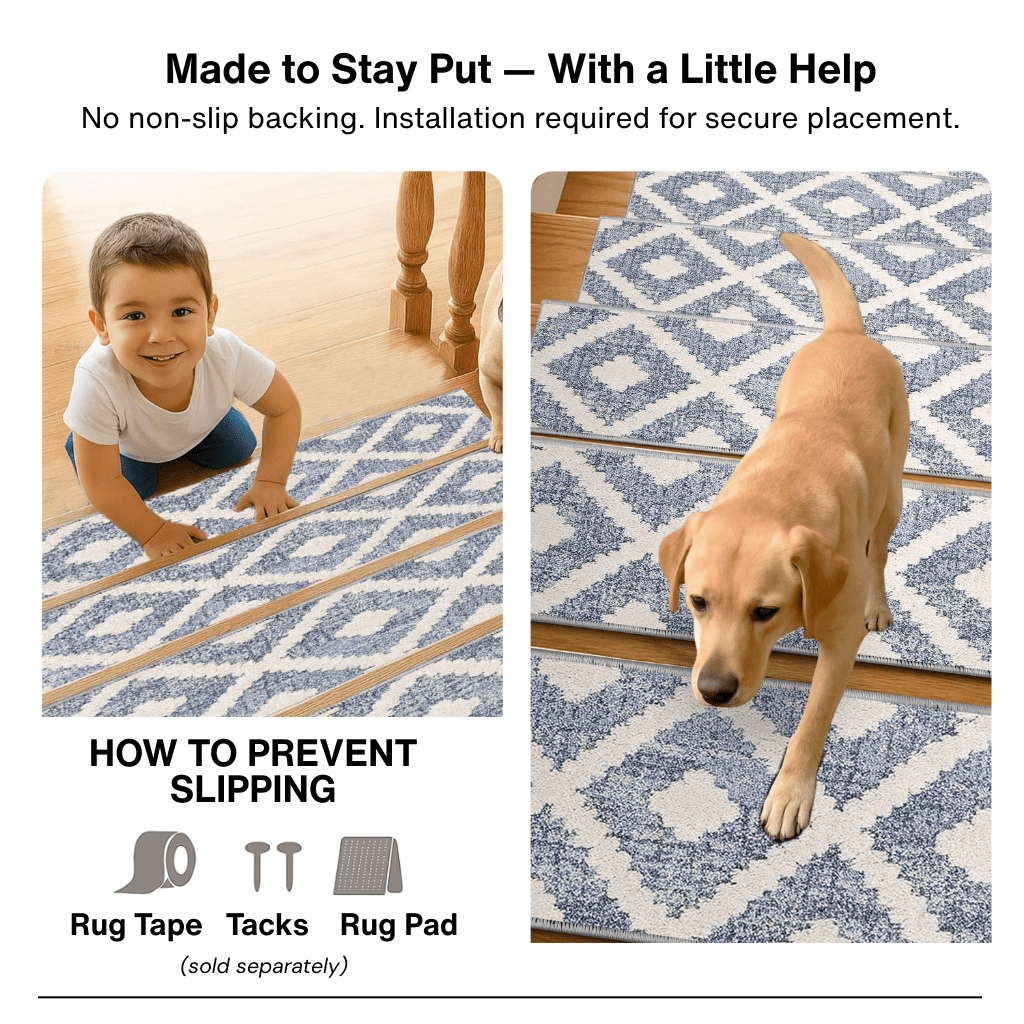 Blue and beige stair tread rugs with text about no non-slip backing and installation, showing a child and dog on the rugs.