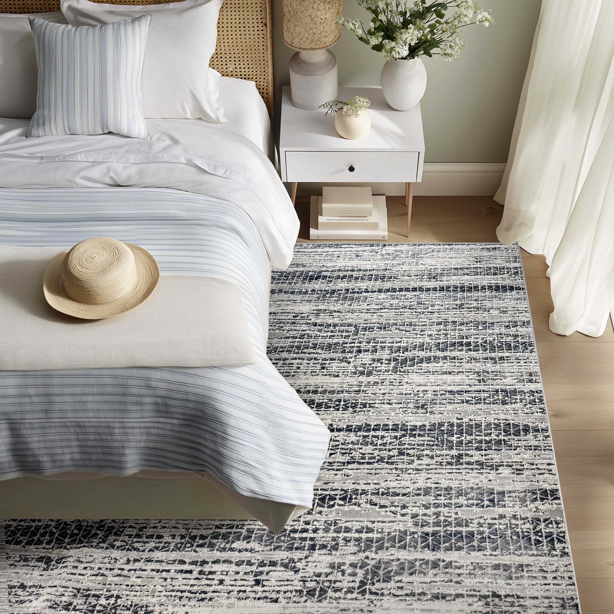 Abstract Shapes Tidal Sands Textured Design Made-to-Measure Custom Rug for Your Space in a cozy bedroom