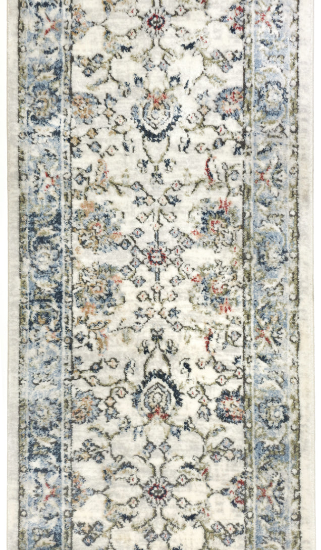 IND-102 Decorative runner rug with an ivory floral pattern on a white background
