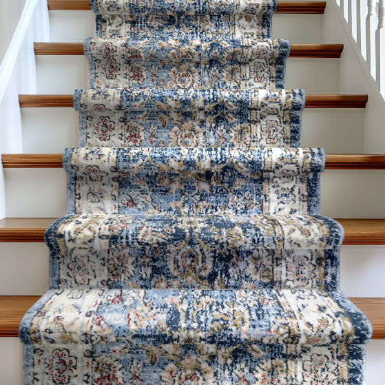 IND-106 Stair runner with blue and beige floral pattern on a staircase