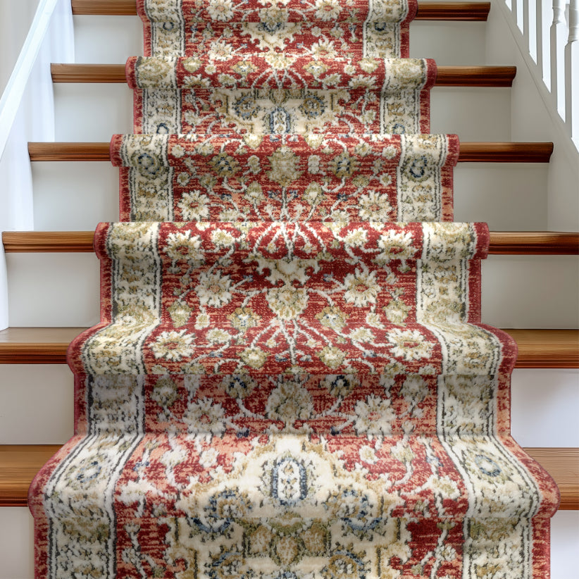 IND-130 Decorative red and beige floral-patterned stair runner on a staircase.