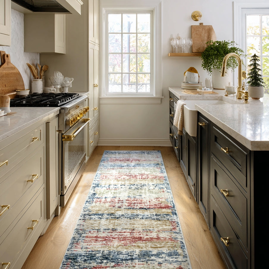 IND-151 Modern kitchen with a colorful abstract runner rug on the floor