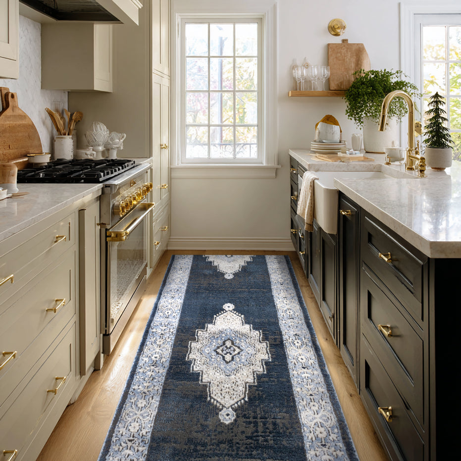 IND-153-R Modern kitchen with a blue patterned rug on the floor