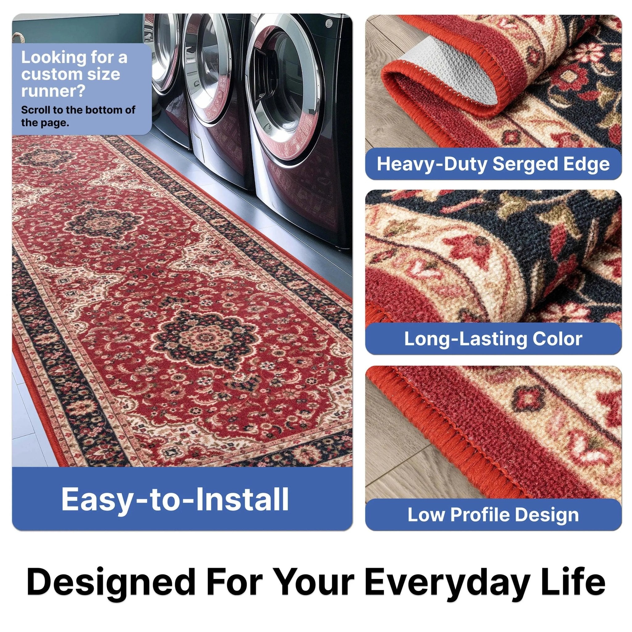 Custom Size Runner Gene Medallion Persian Red Select Your Width x Choose Your Length Machine Washable Hallway Runner Rug Well Woven