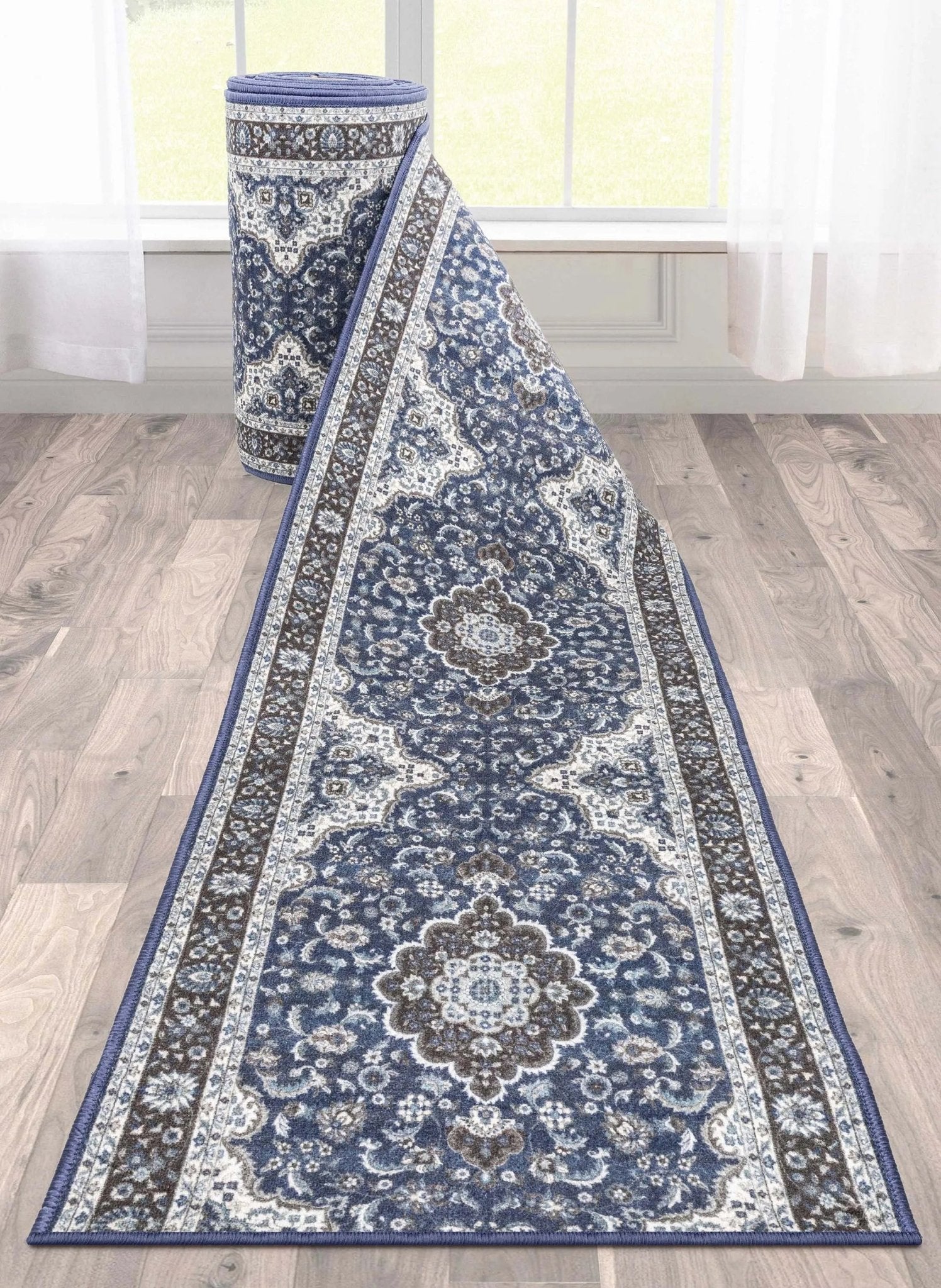 Custom Size Runner Gene Medallion Persian Blue Select Your Width x Choose Your Length Machine Washable Hallway Runner Rug Well Woven