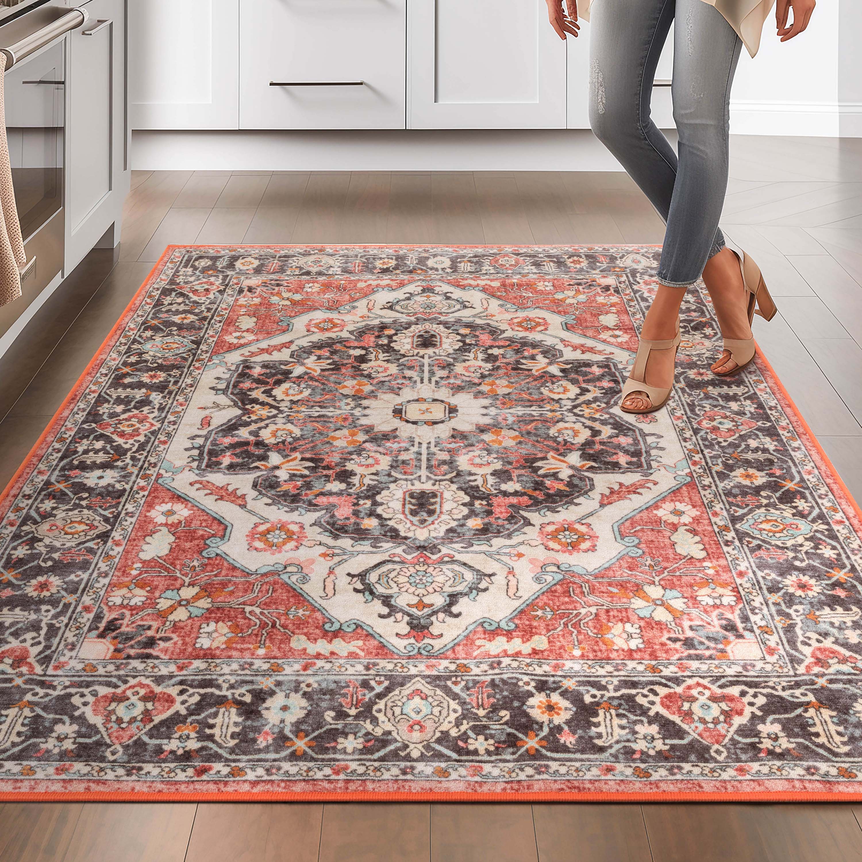 Zazzu Medallion Multi Non-Slip Washable Rug with Rubber Backing for High-Traffic Areas Well Woven