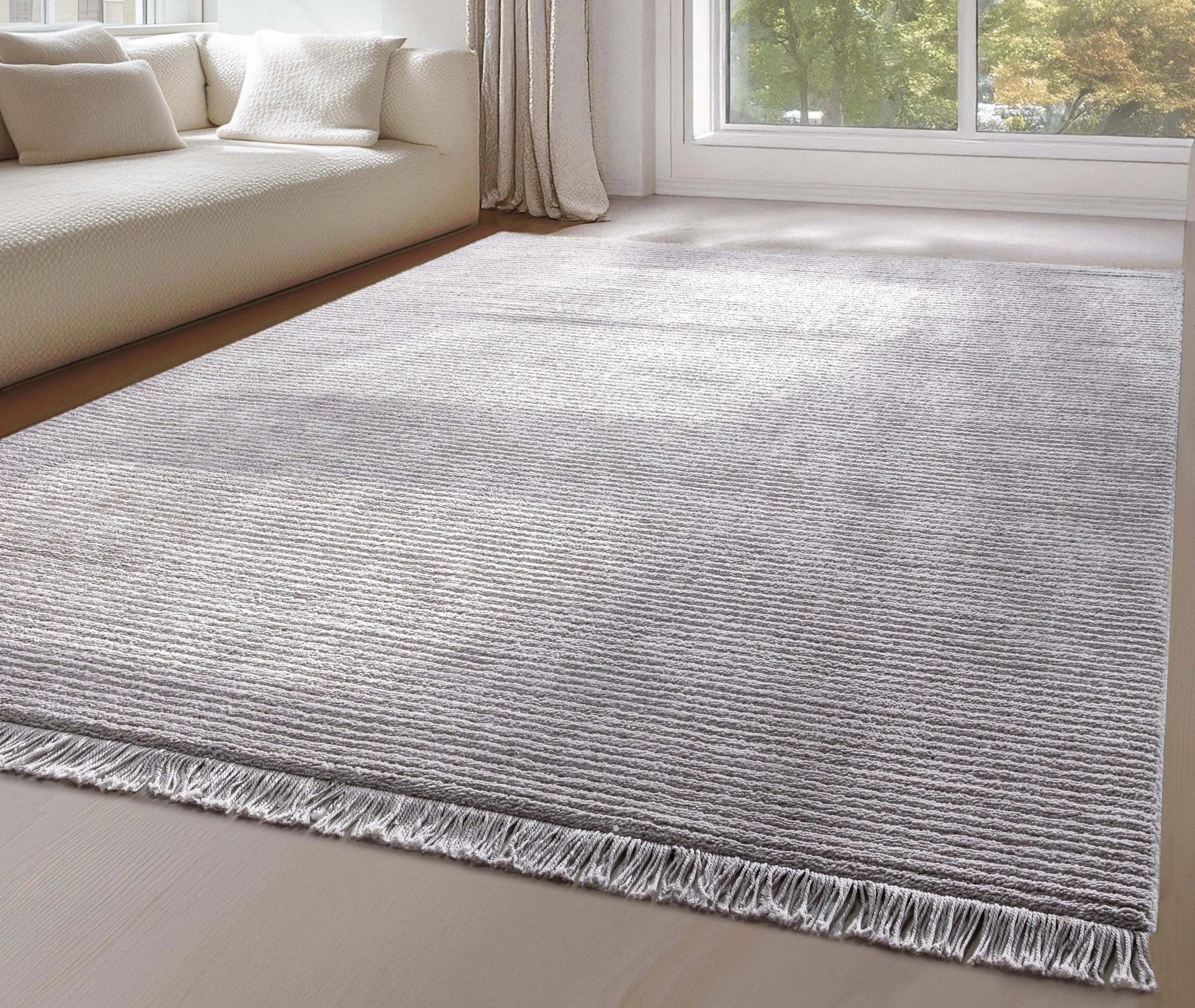 Carlow Solid & Striped Textured Taupe Ivory Ultra Soft High-Low Shag Rug Well Woven
