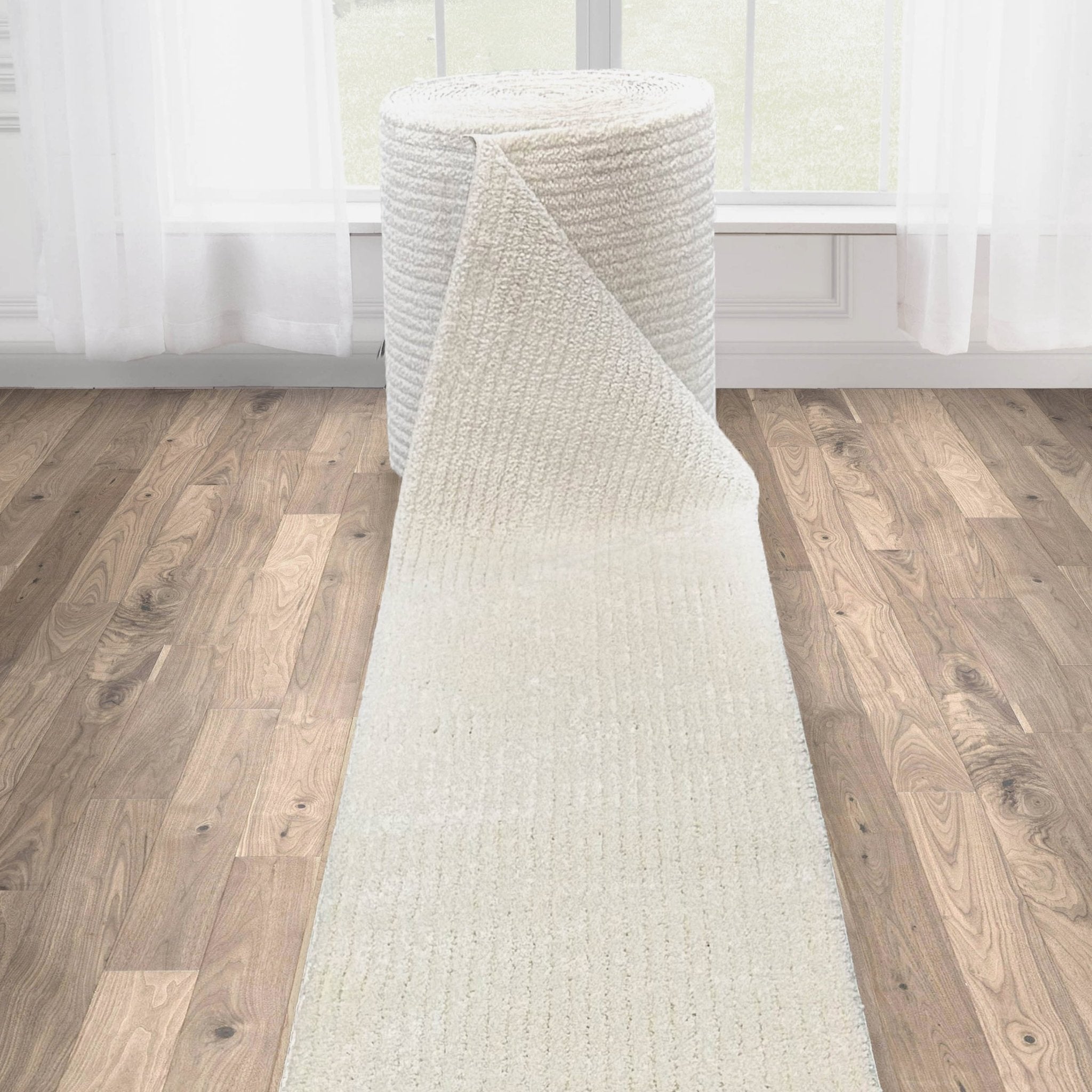 Custom Size Runner Marina Monroe Ivory Hallway Runner Rug - Well Woven - Ivory runner rug rolled and standing upright