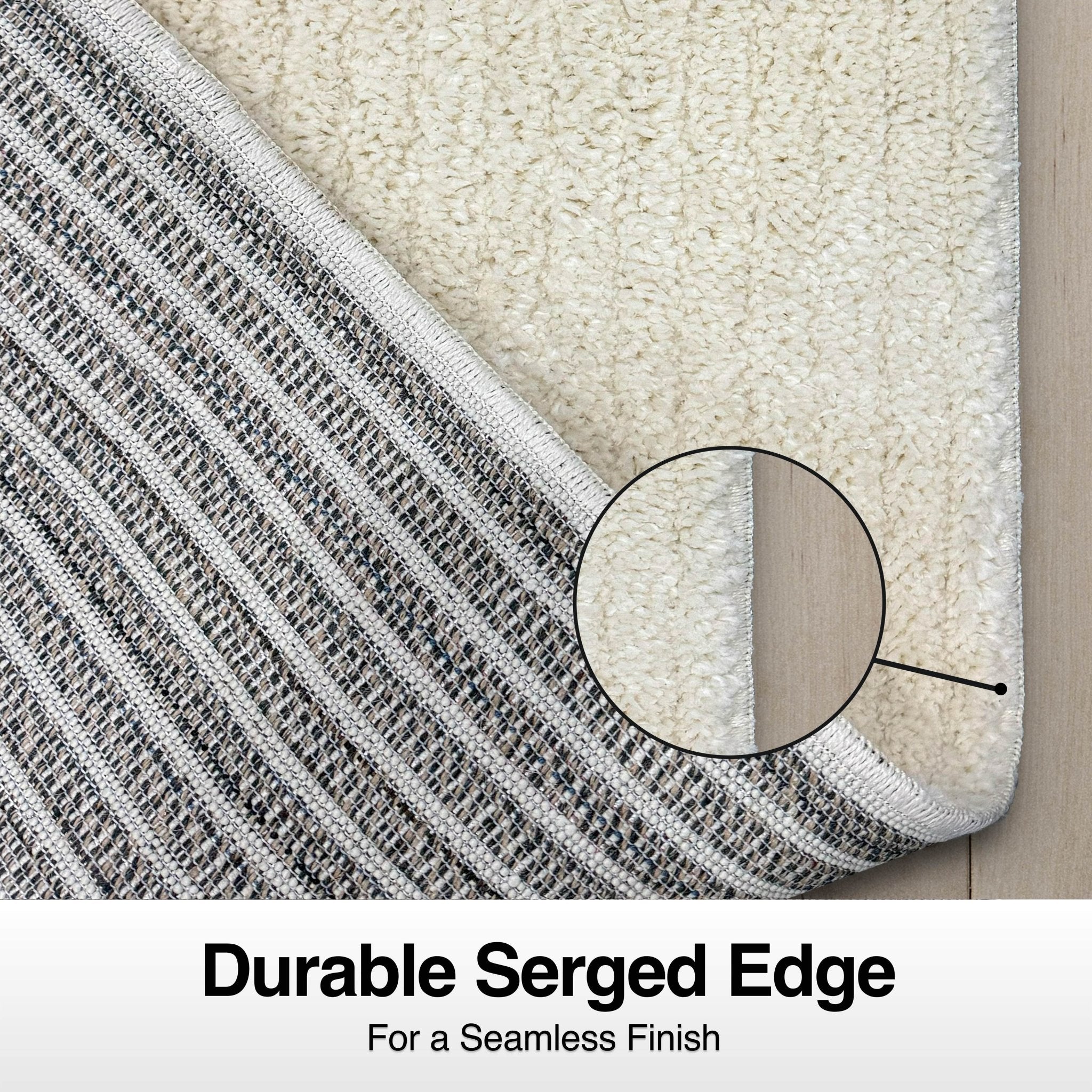 Custom Size Runner Marina Monroe Ivory Hallway Runner Rug - Well Woven - A close up infographic of the ivory runner with serged edges