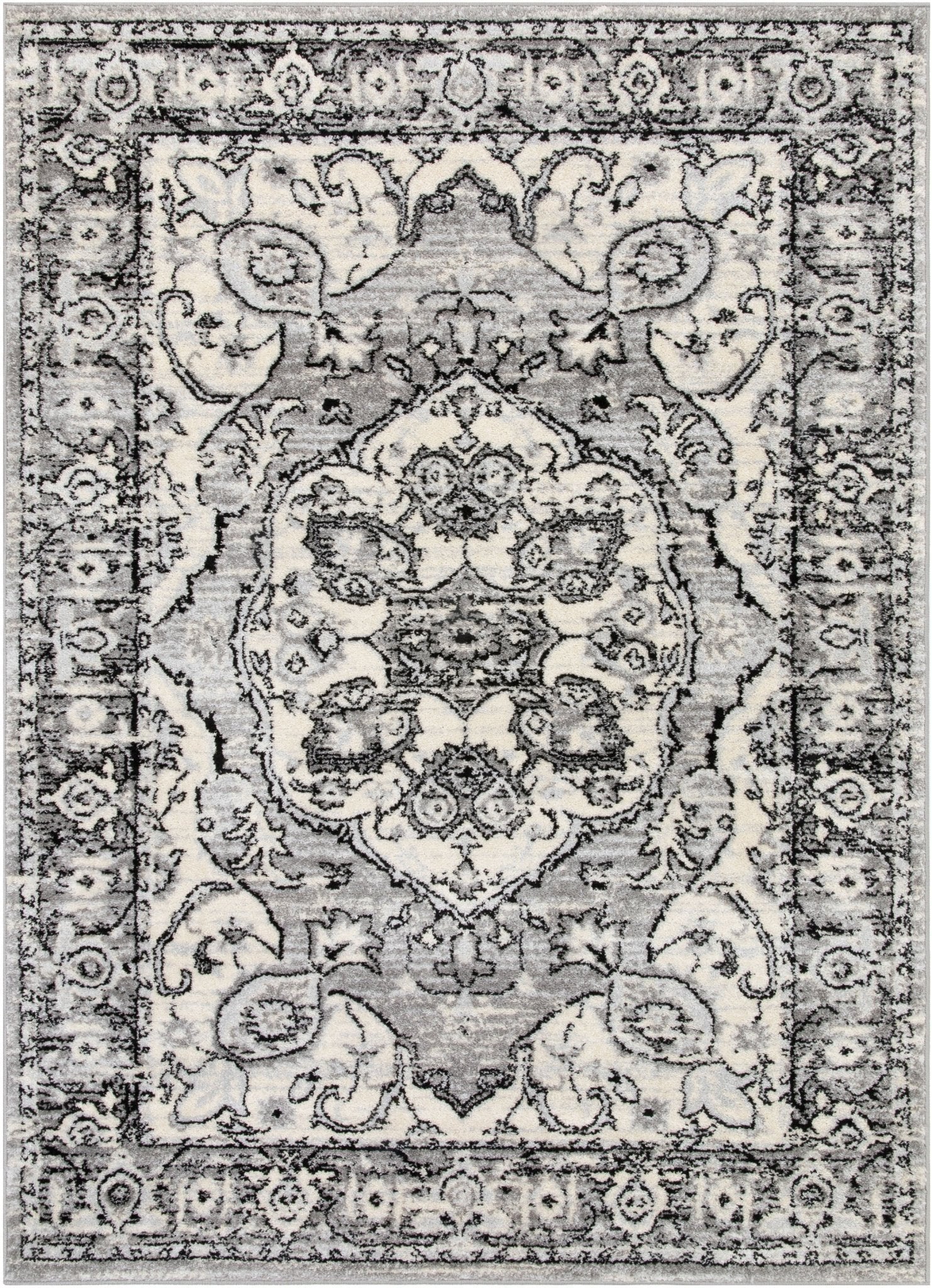 Arctic Bloom Medallion Oriental Ivory Grey High-Low Rug Well Woven
