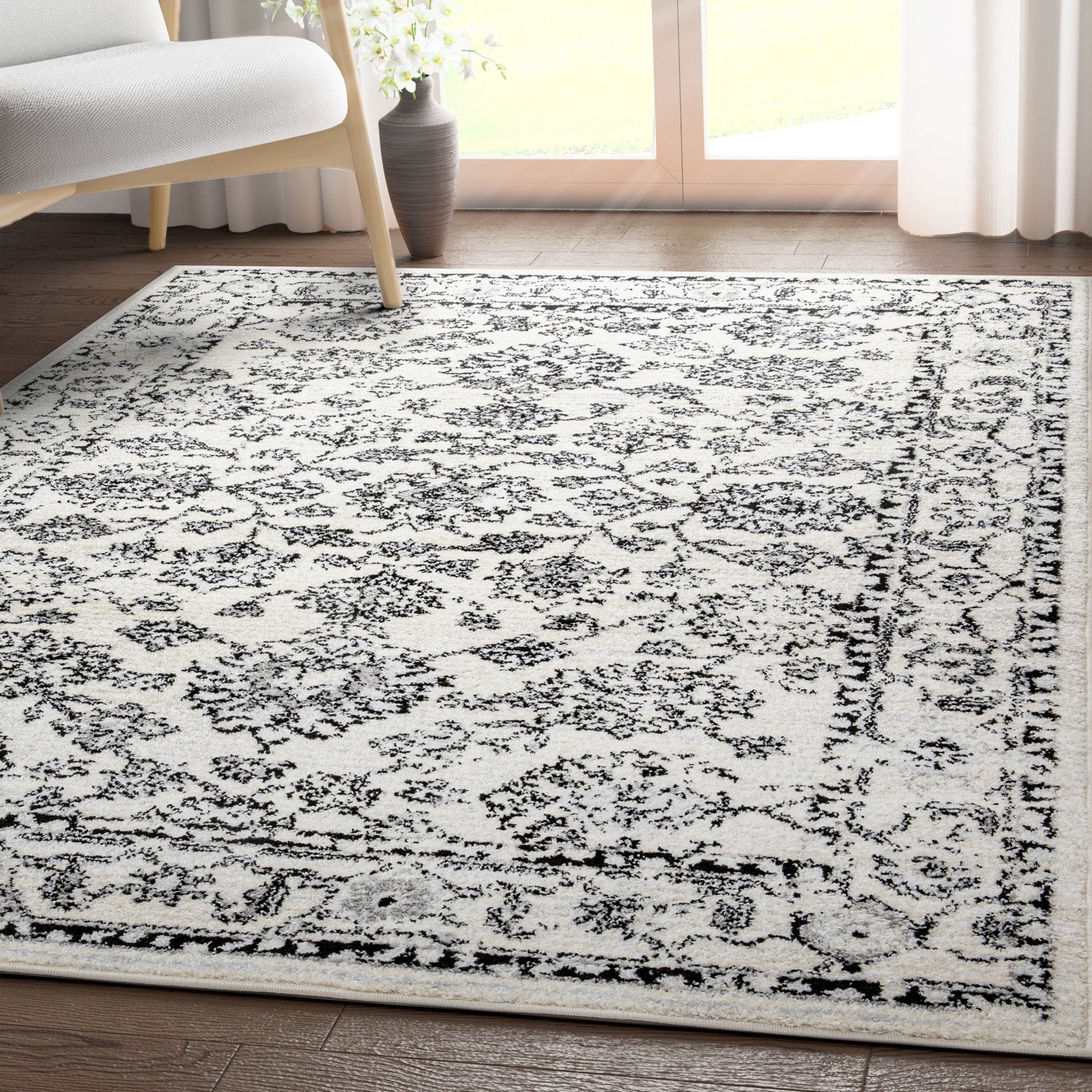 Palace Persian Oriental Botanical Ivory Grey High-Low Rug Well Woven