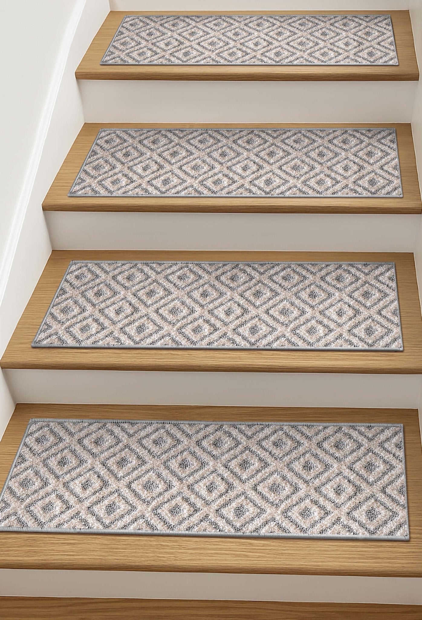 Pia Light Grey and Beige Stair Tread Rugs - Well Woven -  Light Grey and Beige Stair Tread Rugs on wooden steps
