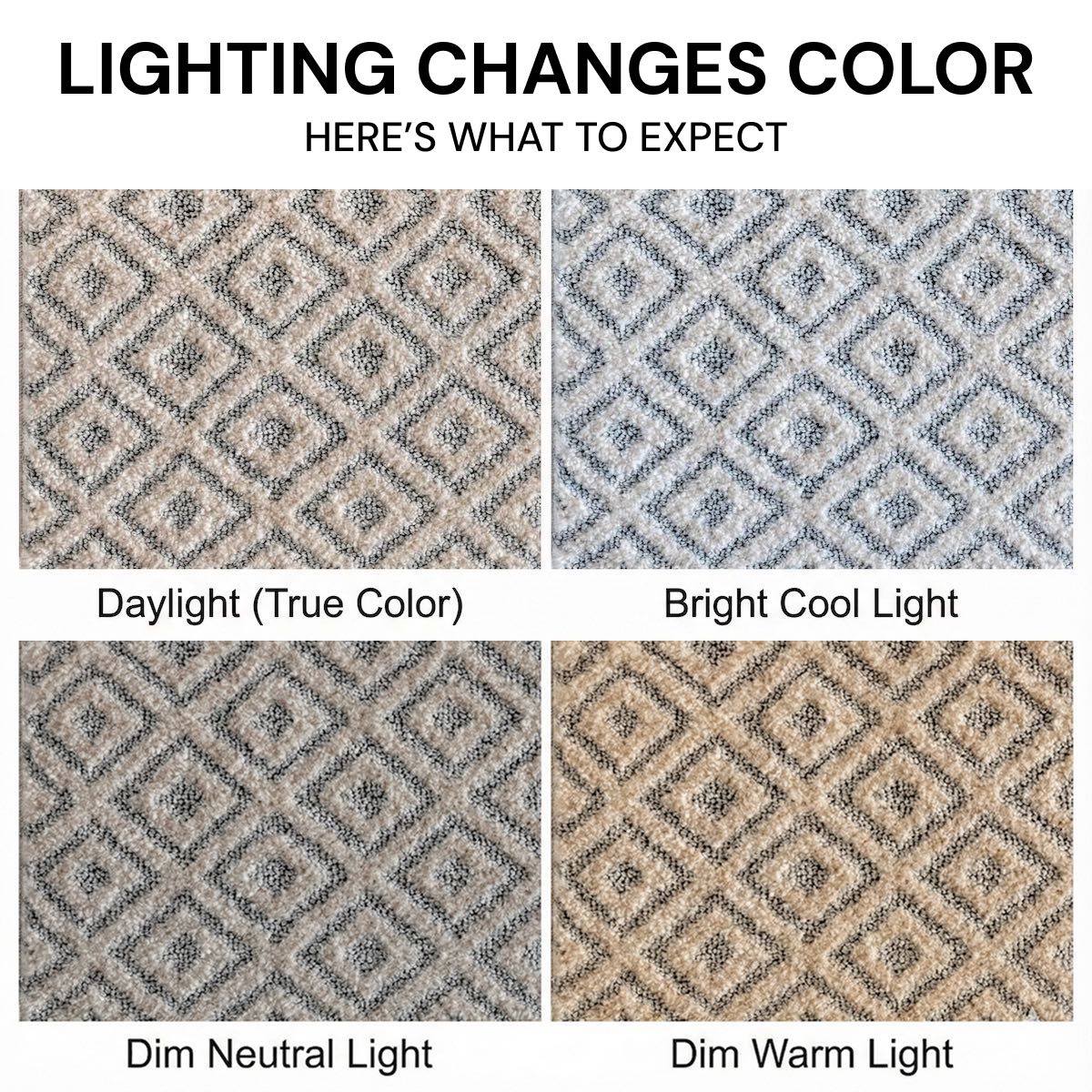 MG-257 - Malaga Pia Custom Runner Rug - Four different color swatches of the textured rug under various lighting conditions (daylight, bright cool light, dim neutral light, dim warm light)