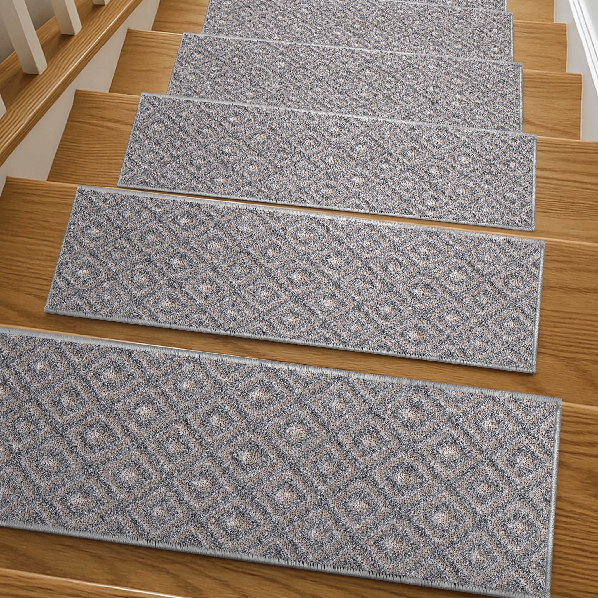 Pia Grey Stair Tread Rugs - Well Woven - Grey Stair Tread Rugs On wooden stairs
