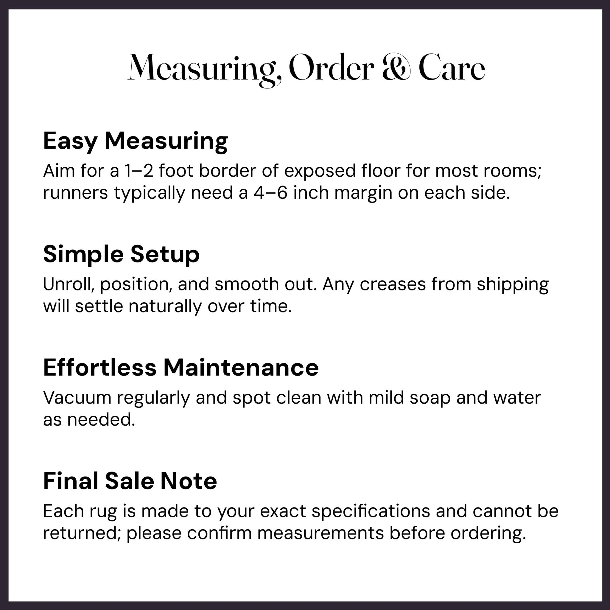 Text detailing measuring, ordering, and care instructions for a Well Woven custom runner rug.