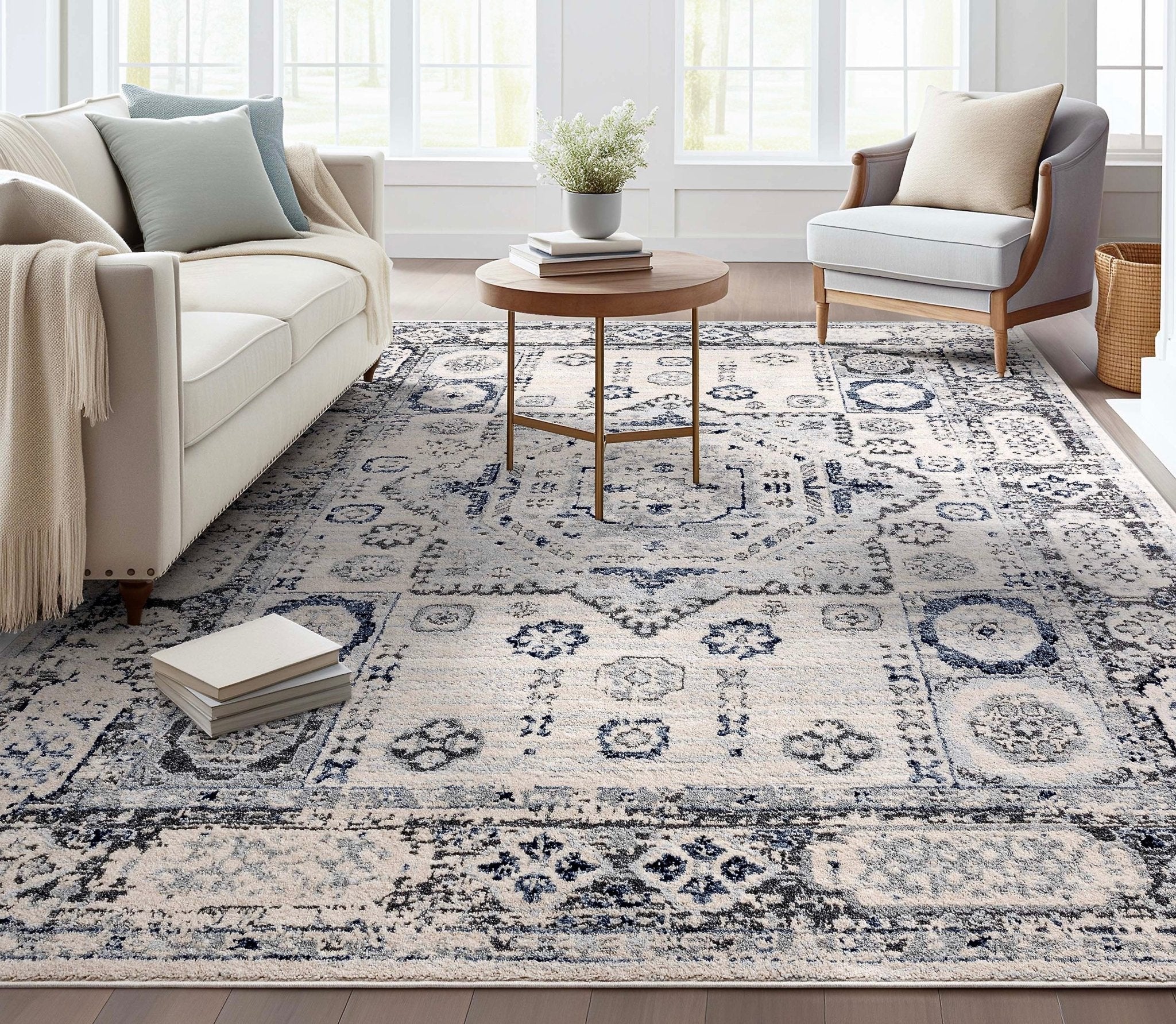 Leon Medallion Ivory Blue Beige Rug For Living Room, Bedroom, and Dining Room Well Woven