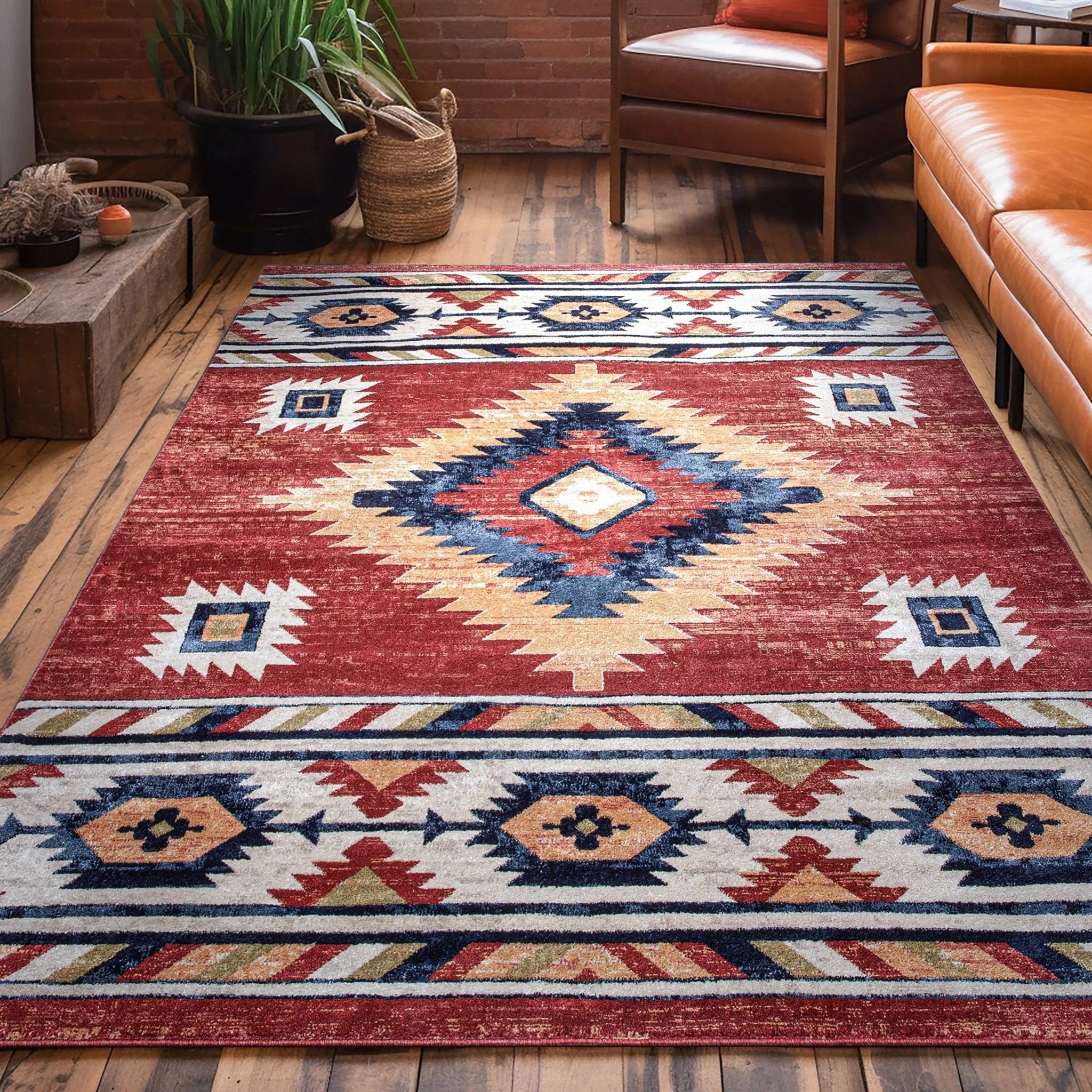 Lea Crimson Traditional Southwestern Tribal Rug Well Woven