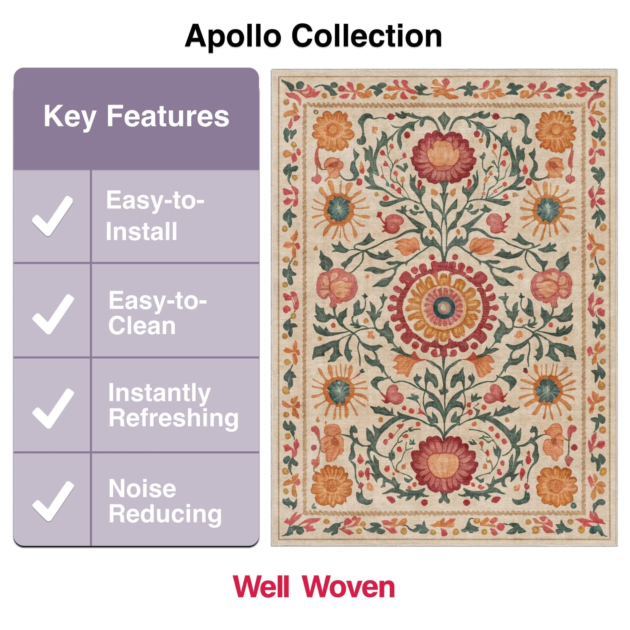 Apollo Collection feature card highlighting benefits such as easy-to-install, washable, refreshing, and noise-reducing
