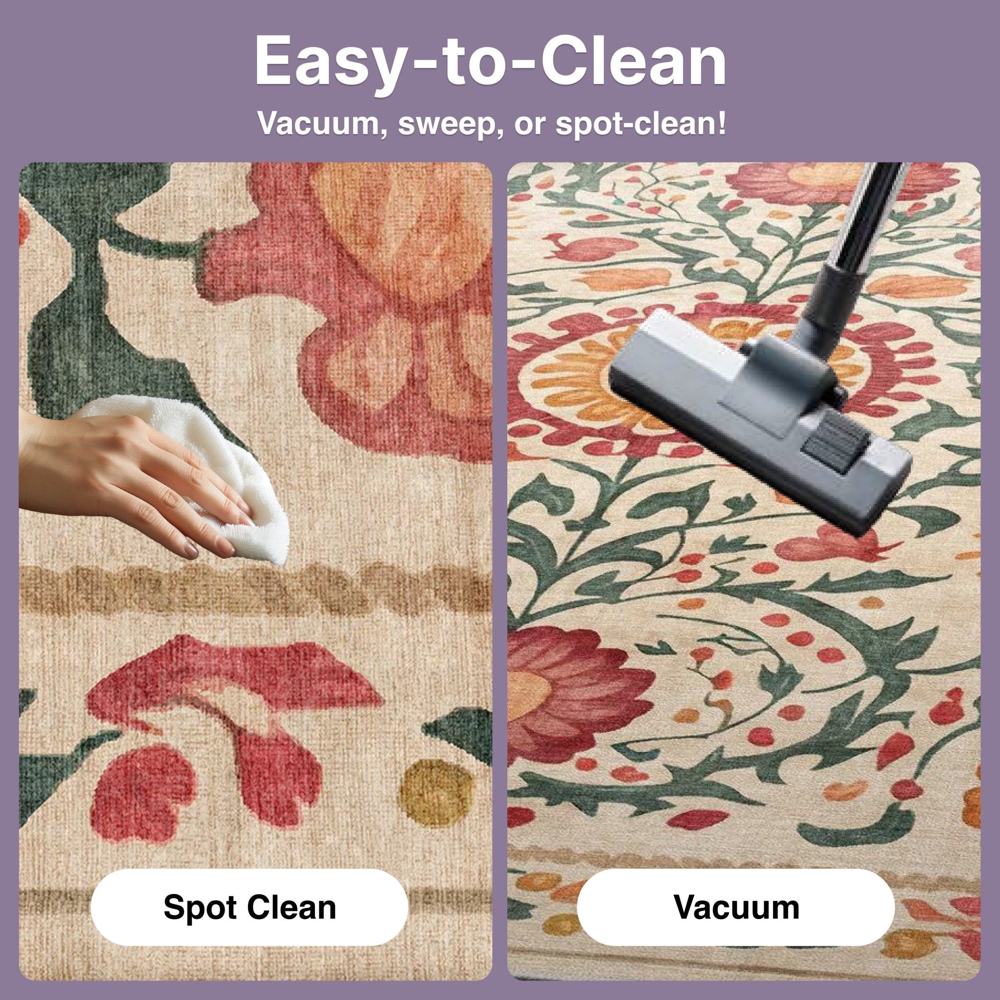 Easy-to-clean graphic showing vacuuming and spot-cleaning on the Apollo Botanical Suzani Washable Rug