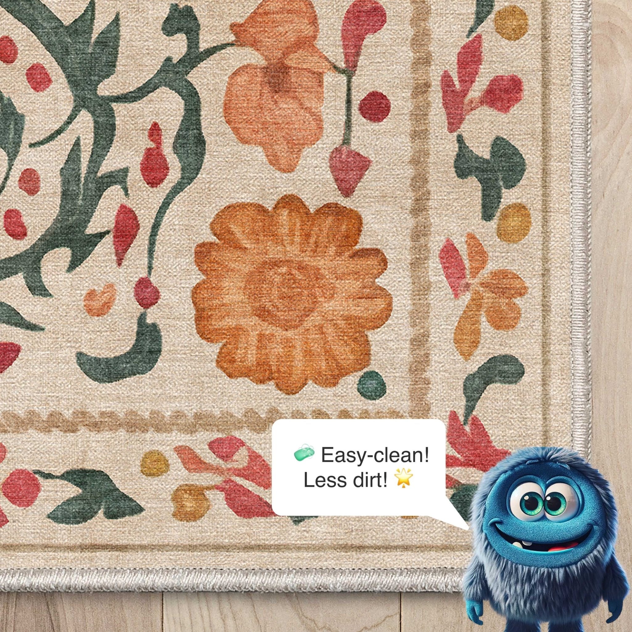 Close-up of the Suzani rugβs floral border showing detailed pattern work and warm multicolor tones.