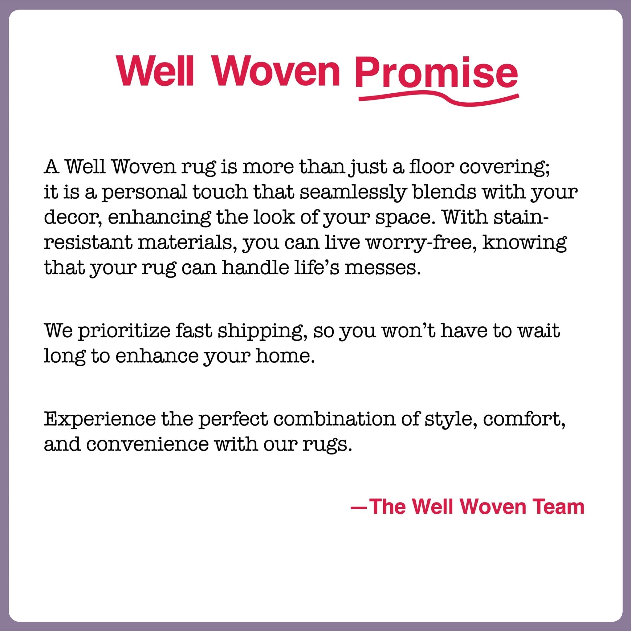 Apollo Botanical Suzani Washable Rug - Well Woven Promise graphic describing rug quality, easy care, and customer-focused craftsmanship