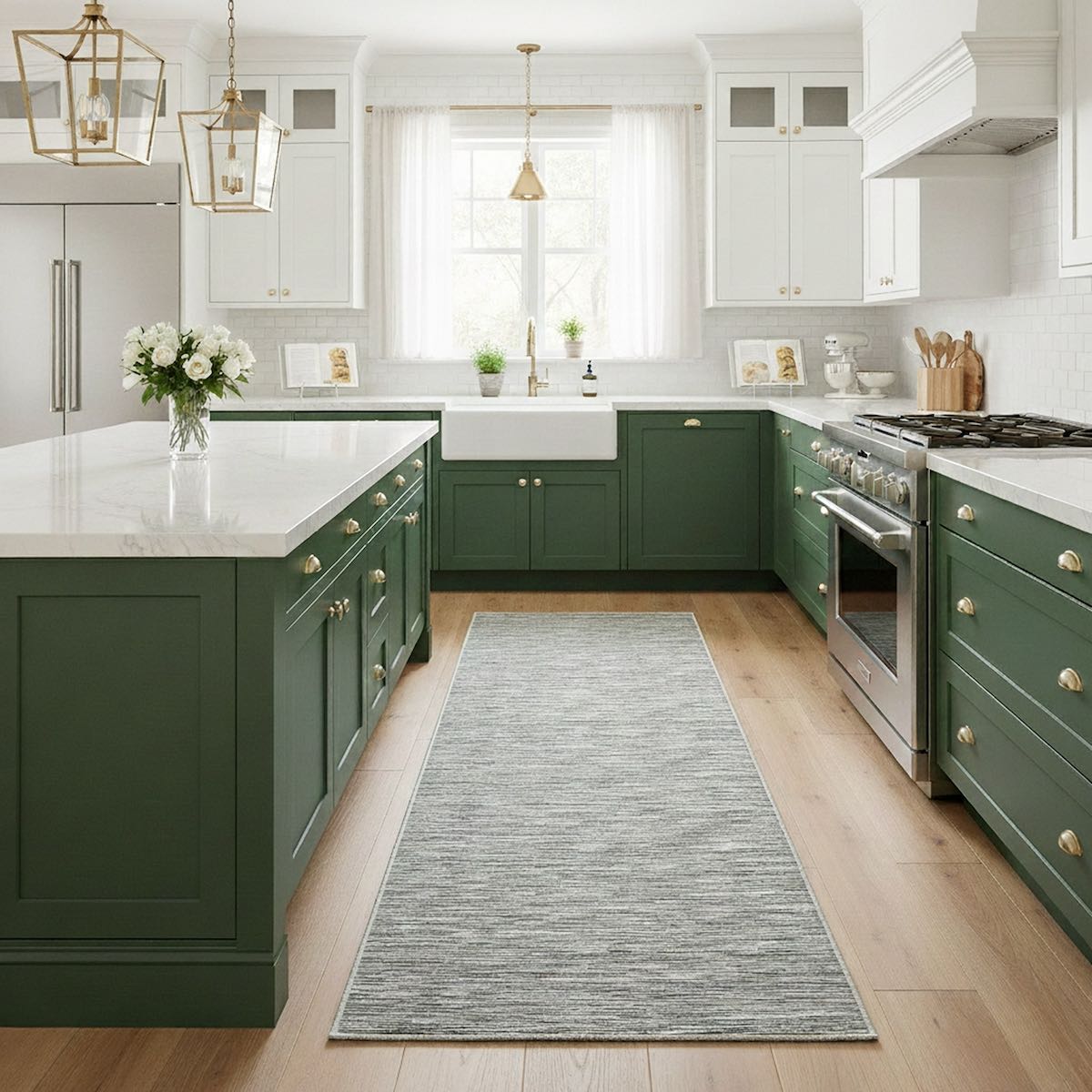 Modern kitchen with green cabinets, white countertops, and a gray rug on the floor. The gray runner is the Apollo Striations custom runner rug from Well Woven.