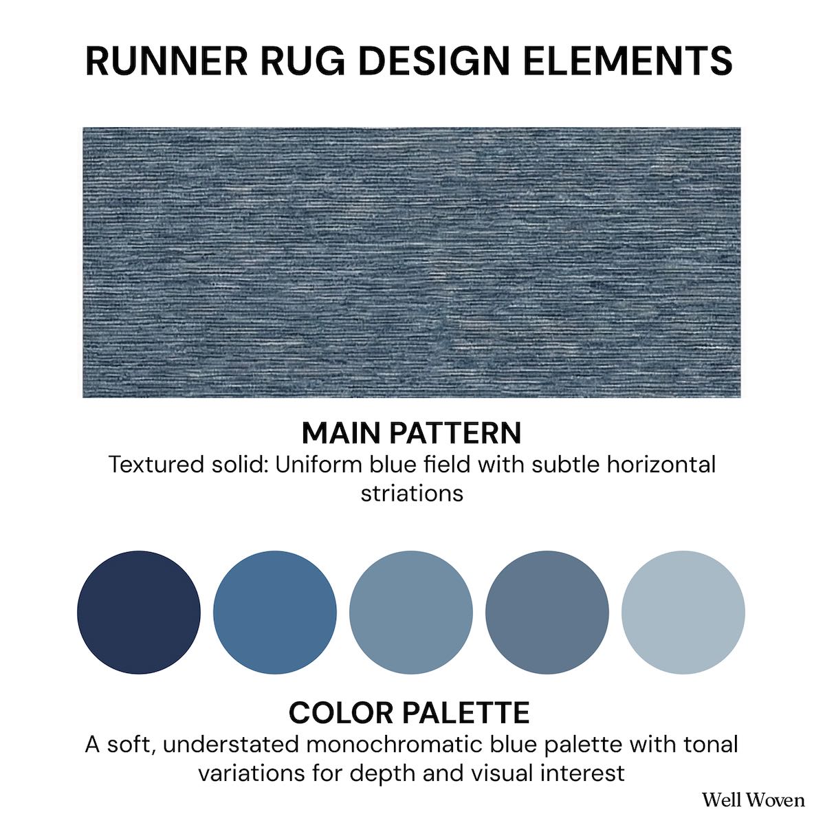 Design elements for the Well Woven Blue Fog modern striped runner rug, featuring a textured blue field with subtle horizontal striations and a coordinated monochromatic blue palette.