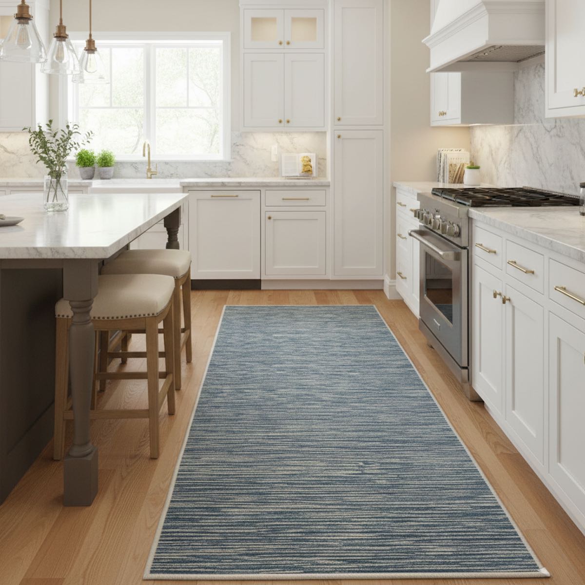 Well Woven modern striped blue fog striations runner rug shown in a contemporary kitchen with white cabinetry, marble countertops, and warm natural light.