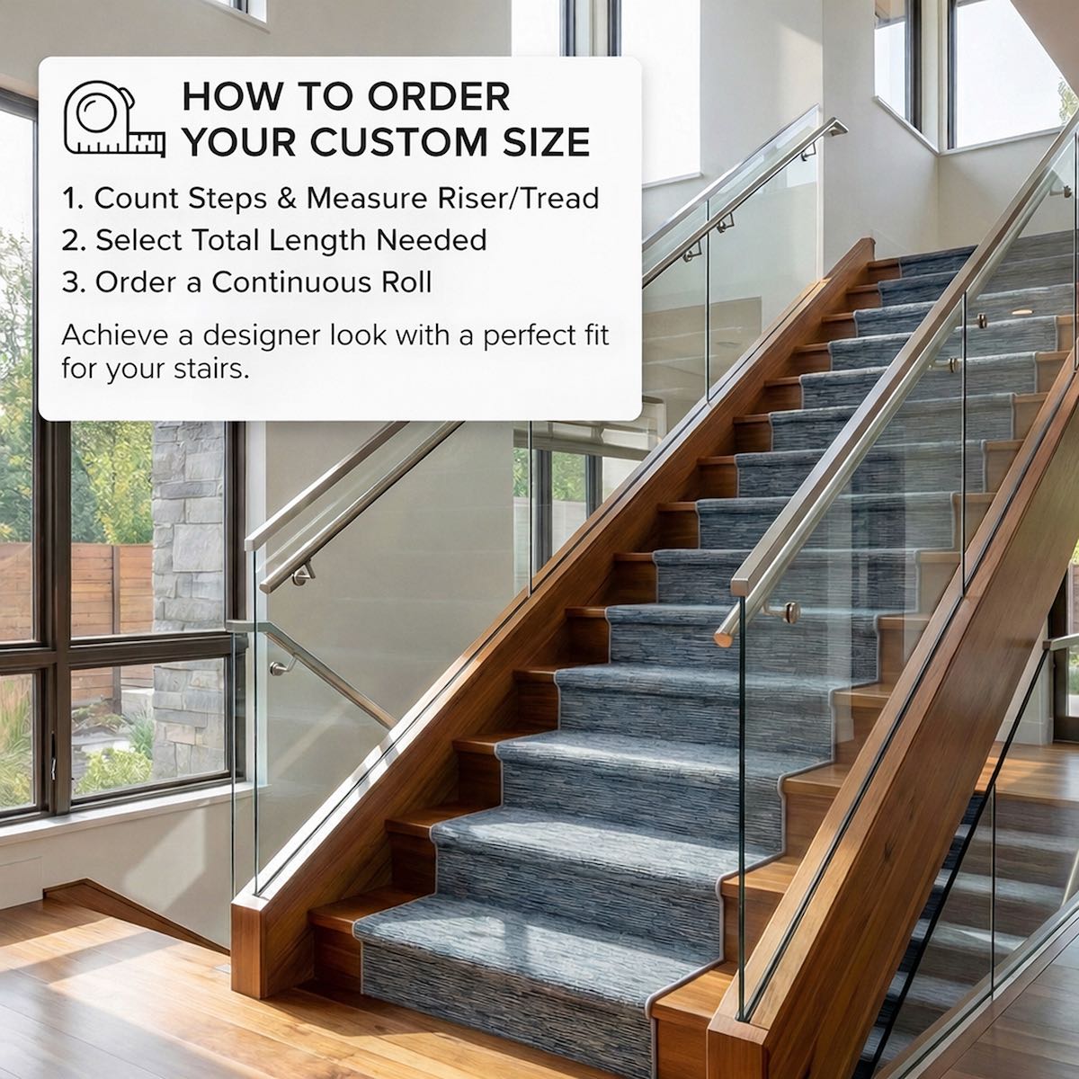 Blue Fog Modern Striped stair runner rug by Well Woven, custom size continuous-roll design displayed on a glass-railing wood staircase with measurement and ordering guide.