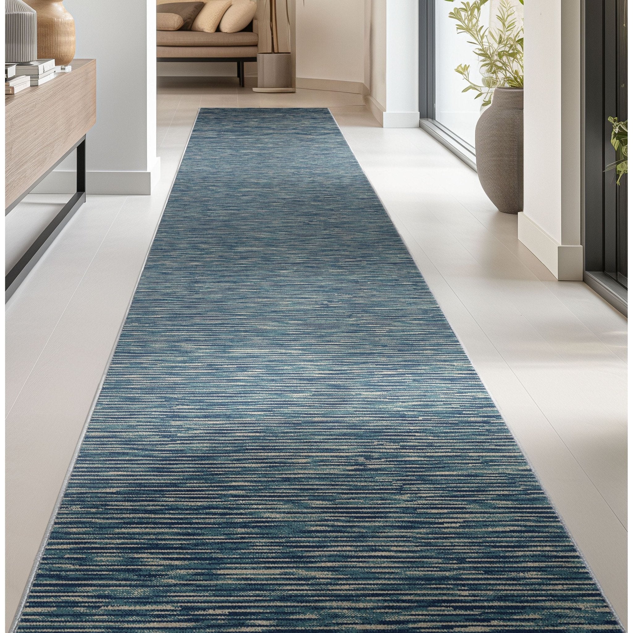 Custom Size Runner Striations Modern Striped Blue Fog Choose Your Width x Choose Your Length Hallway Runner Rug Well Woven