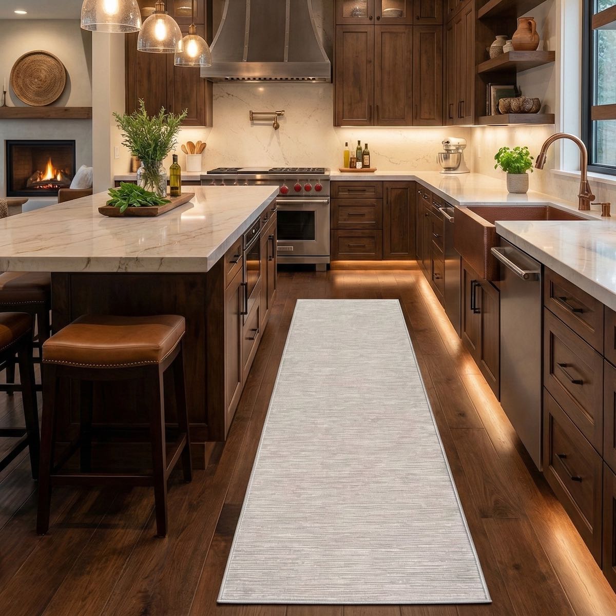 Custom Size Sandstone Elegance modern striped hallway runner rug by Well Woven, placed in a rich wood kitchen with stone counters and warm ambient lighting.