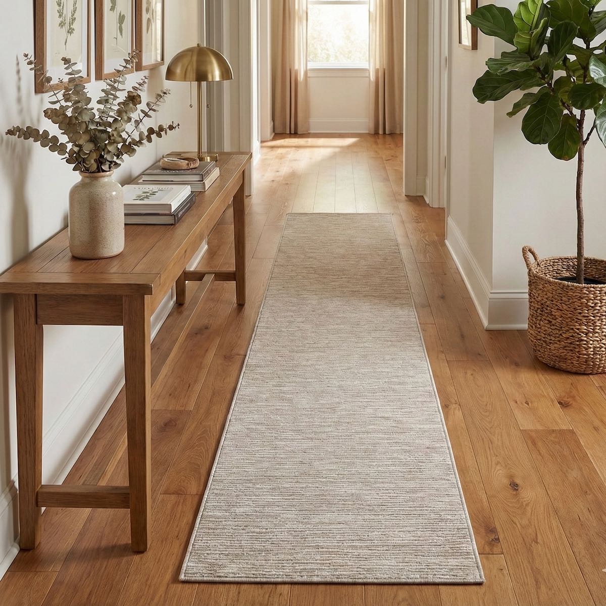 Well Woven Custom Size Sandstone Elegance modern striped runner rug with soft striations, styled in a warm hallway with wood floors, a natural console table, and decorative accents.