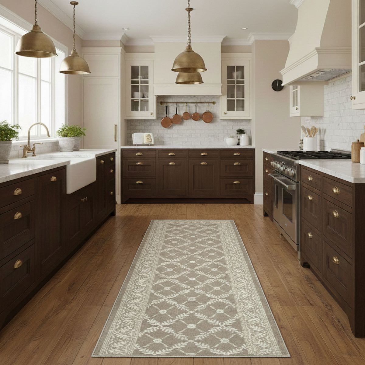 Well Woven Custom Size Regency Lattice Desert Drift runner rug featuring a timeless lattice design, styled in a warm, modern kitchen.