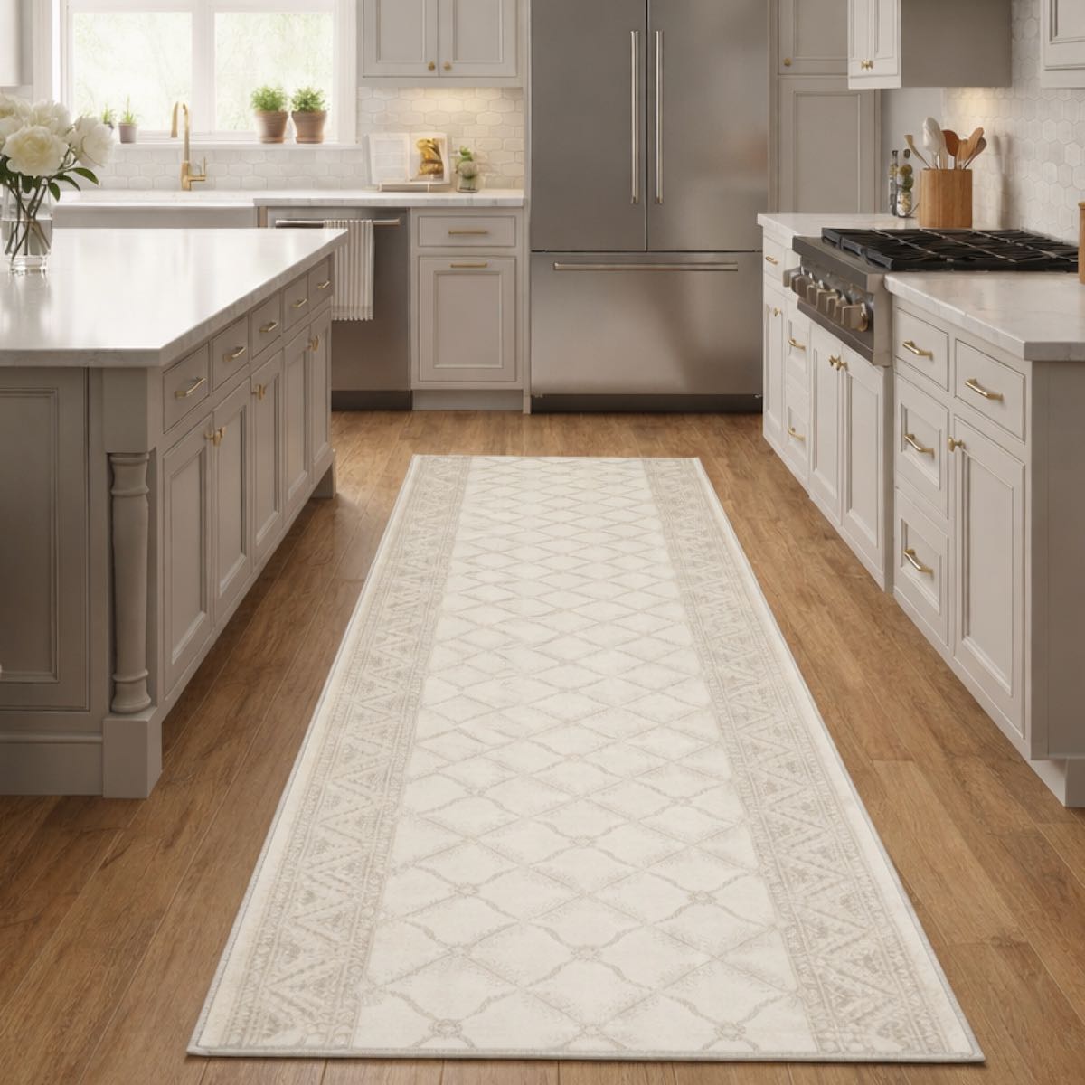 Custom Size Regency Lattice Pearly Haven hallway runner rug by Well Woven, featuring an elegant ivory lattice design, placed in a modern gray-cabinet kitchen with stainless steel appliances and wood flooring.