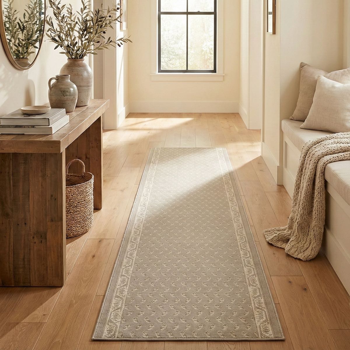 Light beige patterned hallway runner rug on wood floor in a bright, neutral entryway. The runner is Apollo Windsor Desert Drift from Well Woven.