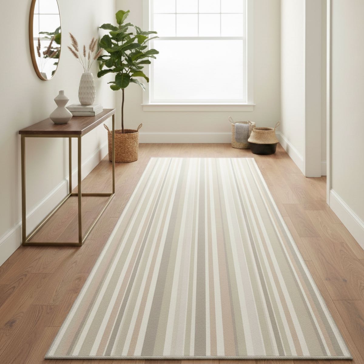 Neutral striped hallway runner rug on wood floor in a bright, minimal entryway. The multi color runner is Apollo Seabreeze Lines Moonlit Ivory from Well Woven.