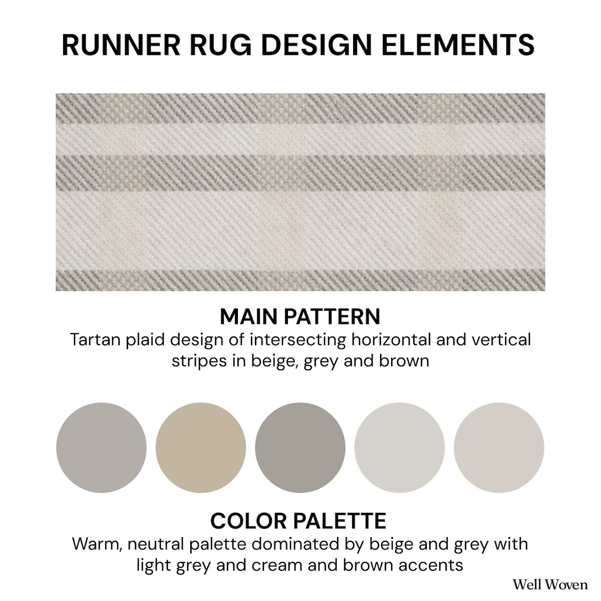 Beige, grey, and brown color palette for neutral plaid runner rug. The multi color runner is Apollo Tartan Plaid Espresso Glow from Well Woven.