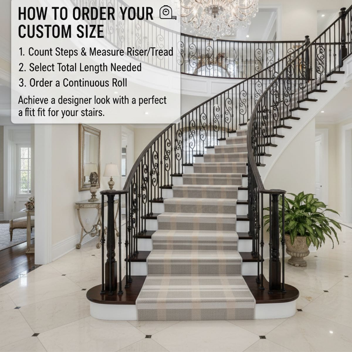 Neutral plaid stair runner rug on curved staircase, custom size carpet runner. The multi color runner is Apollo Tartan Plaid Espresso Glow from Well Woven.