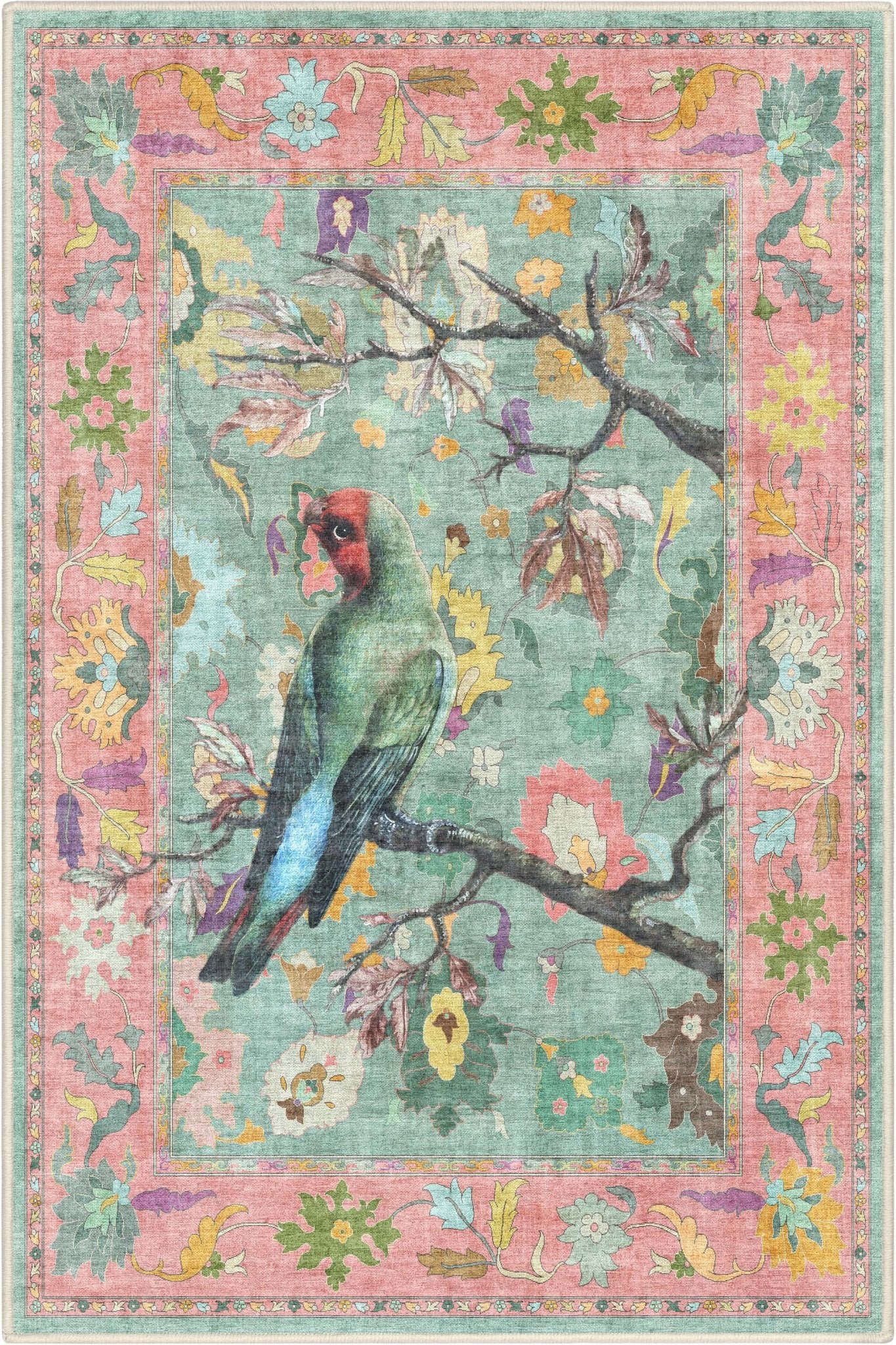 Apollo Botanical Birds Ushak Tropical Green Multi Color Rug Perfect for Living Room, Dining Room, Bedroom and Kitchen Well Woven