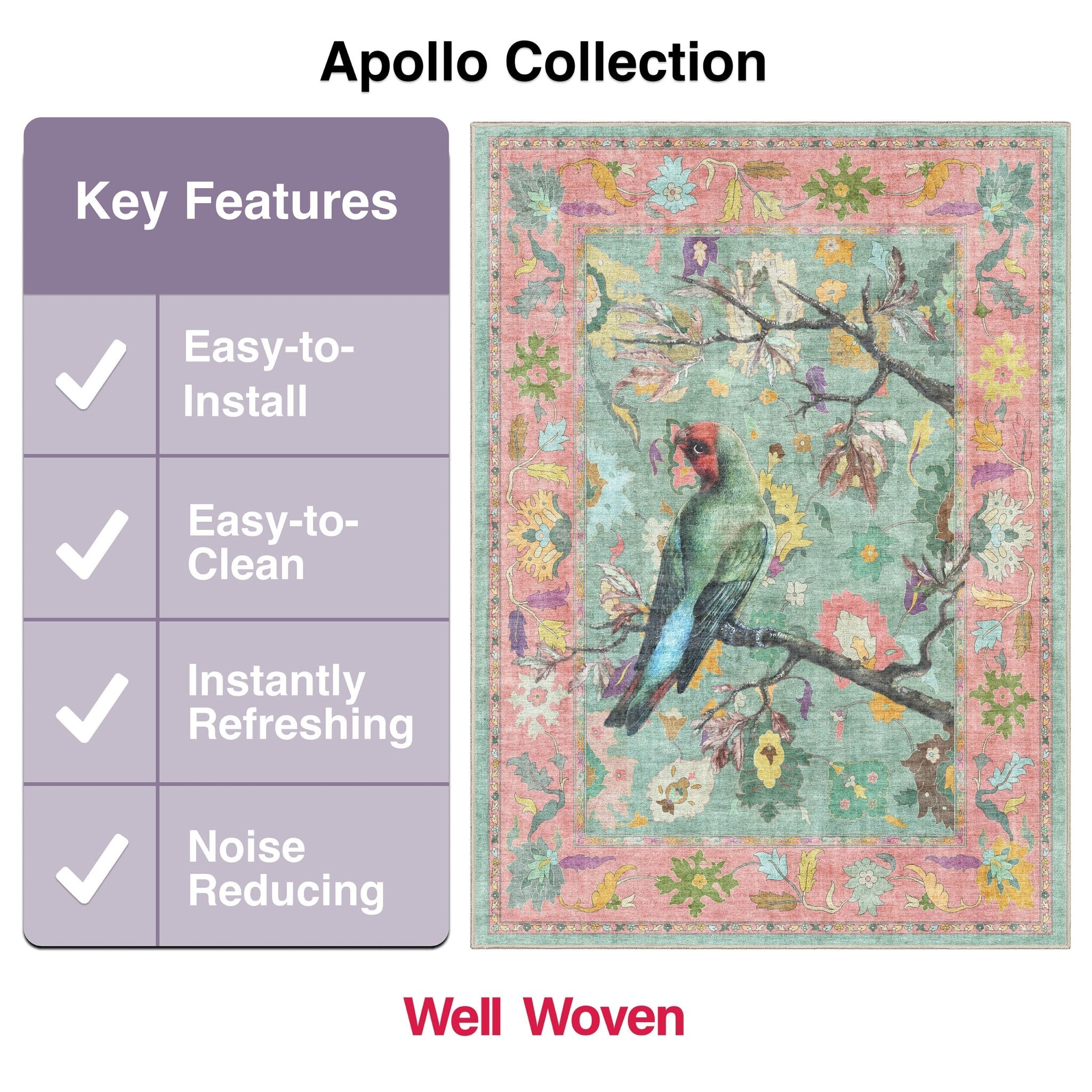 Apollo Collection feature card showing key benefits including easy-to-clean, instantly refreshing, and noise-reducing.