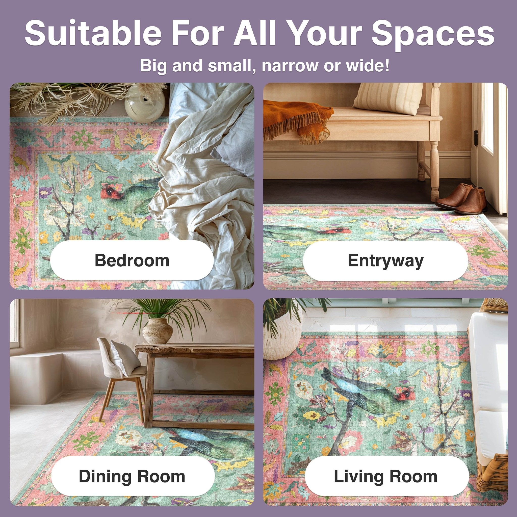 Room collage showing the Apollo Botanical Birds Ushak Rug styled in bedroom, entryway, dining room, and living room settings.